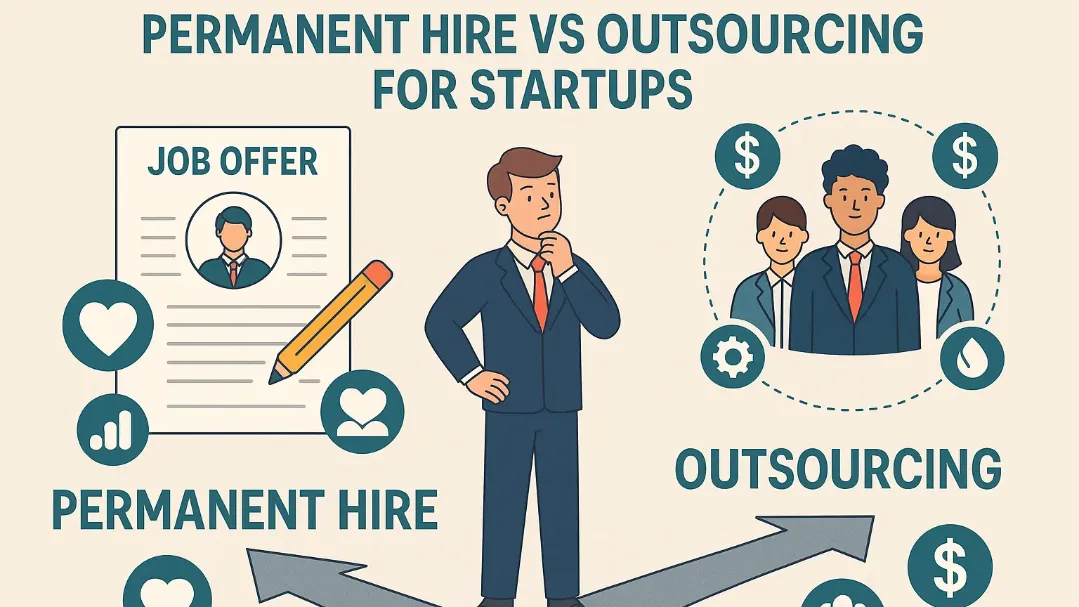 Illustration comparing permanent in-house hiring and outsourcing manpower for startups, highlighting flexibility, cost, expertise, and team alignment factors – atsMantra Reads